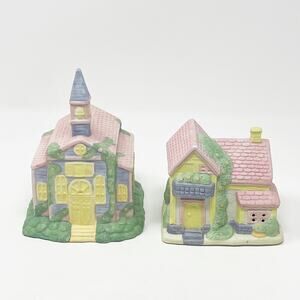 Vintage Ceramic Pastel Village Church and House Lot of 2 Collectibles Spring GUC